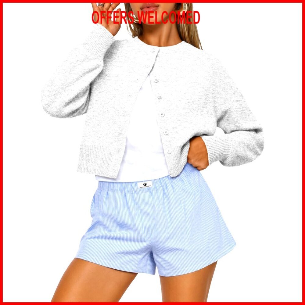 Cropped Cardigan Sweater Lightweight Open Front Long Sleeve Regular Fit